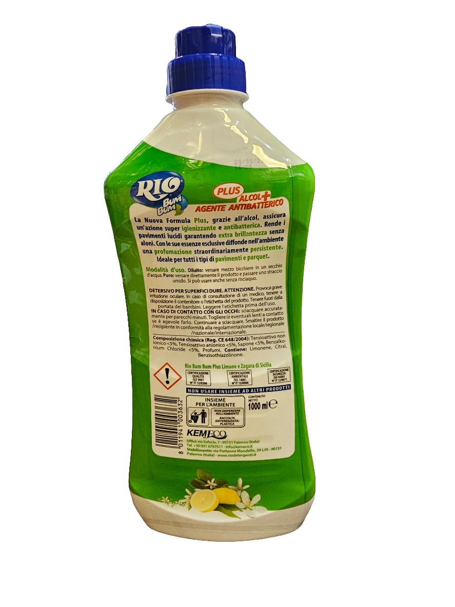 Rio Bum Bum Plus Pavimenti Limone e Zagara di Sicilia, floor cleaner with a lemon and Sicilian orange blossom scent 1000ml