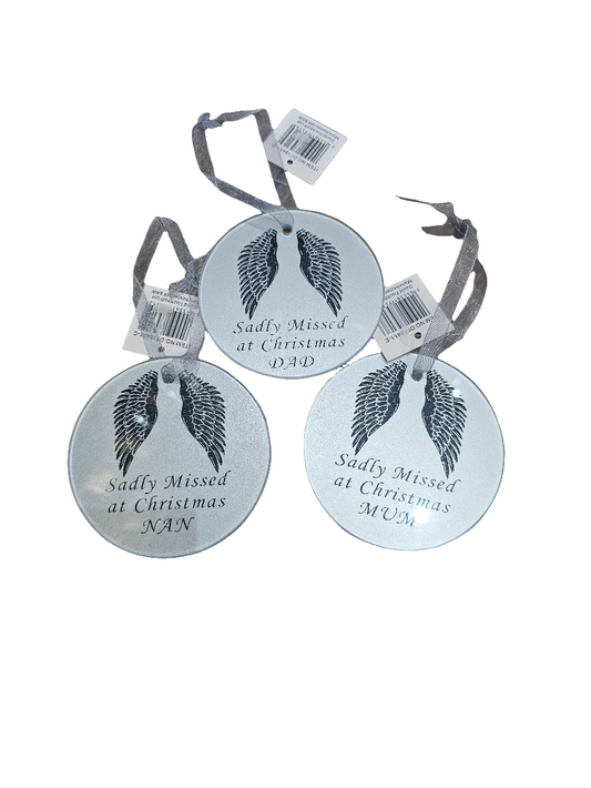 'Sadly Missed at Christmas" Grey Glass Angel Wing Hanging Ornament