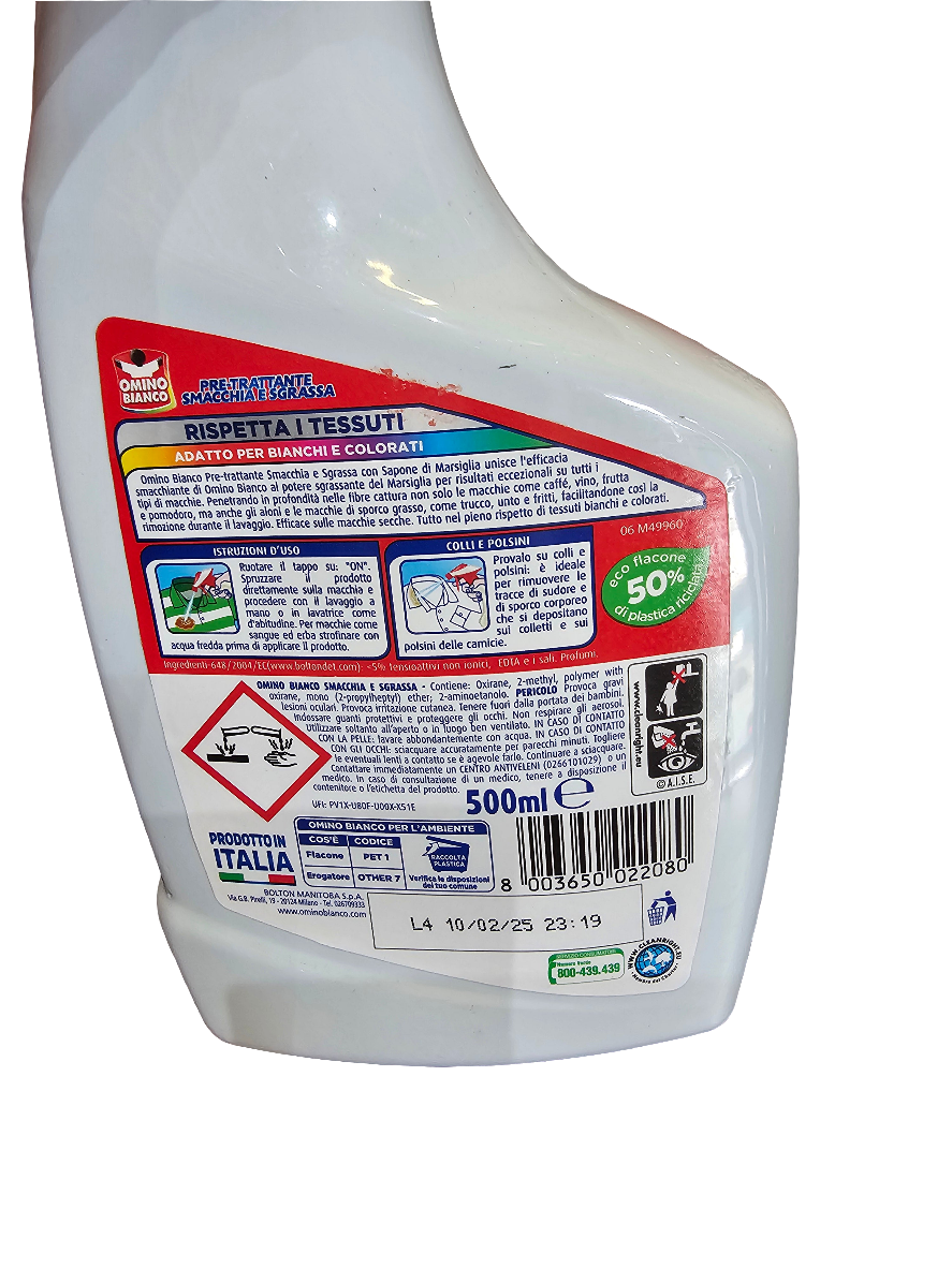 Omino Bianco Pre-Trattante Smacchia e Sgrassa, an Italian pre-treatment stain remover and degreaser for fabrics 500ml