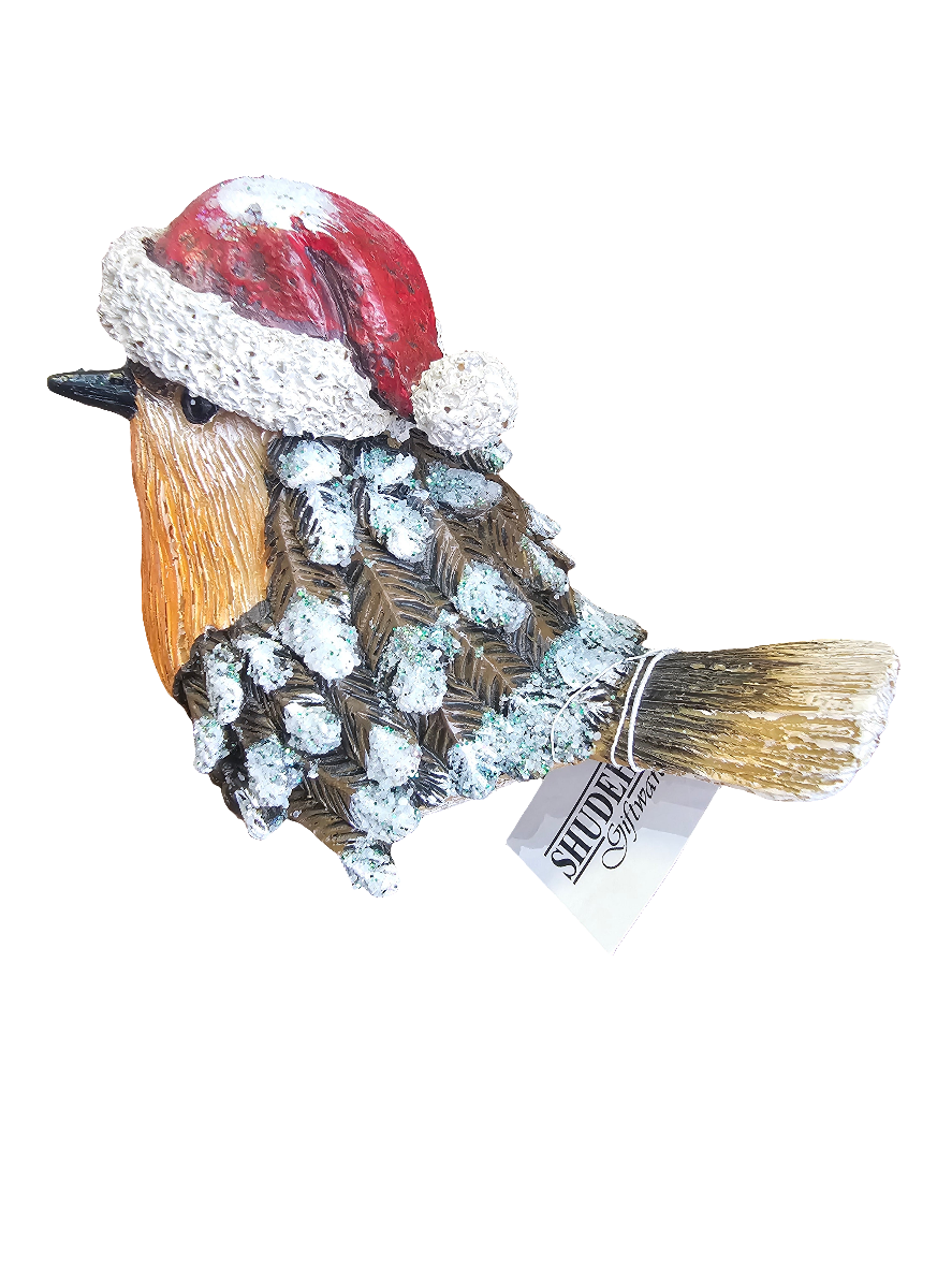 Sweet Festive Robin Statue with Hat and Glitter detailing