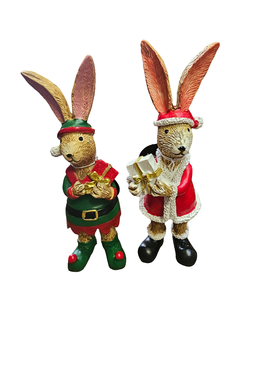Festive Rabbit Statues holding presents 13cm