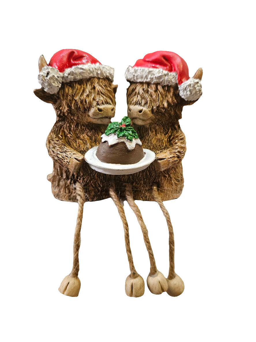 Christmas Highland Cow Double with pudding and dangling legs