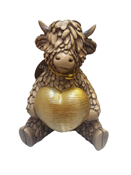 Highland Cow Holding Gold Heart Statue