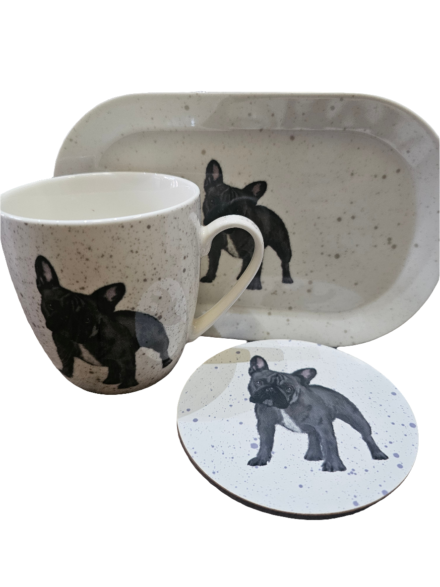 Frenchie Fine China Mug and Coaster with melamine tray