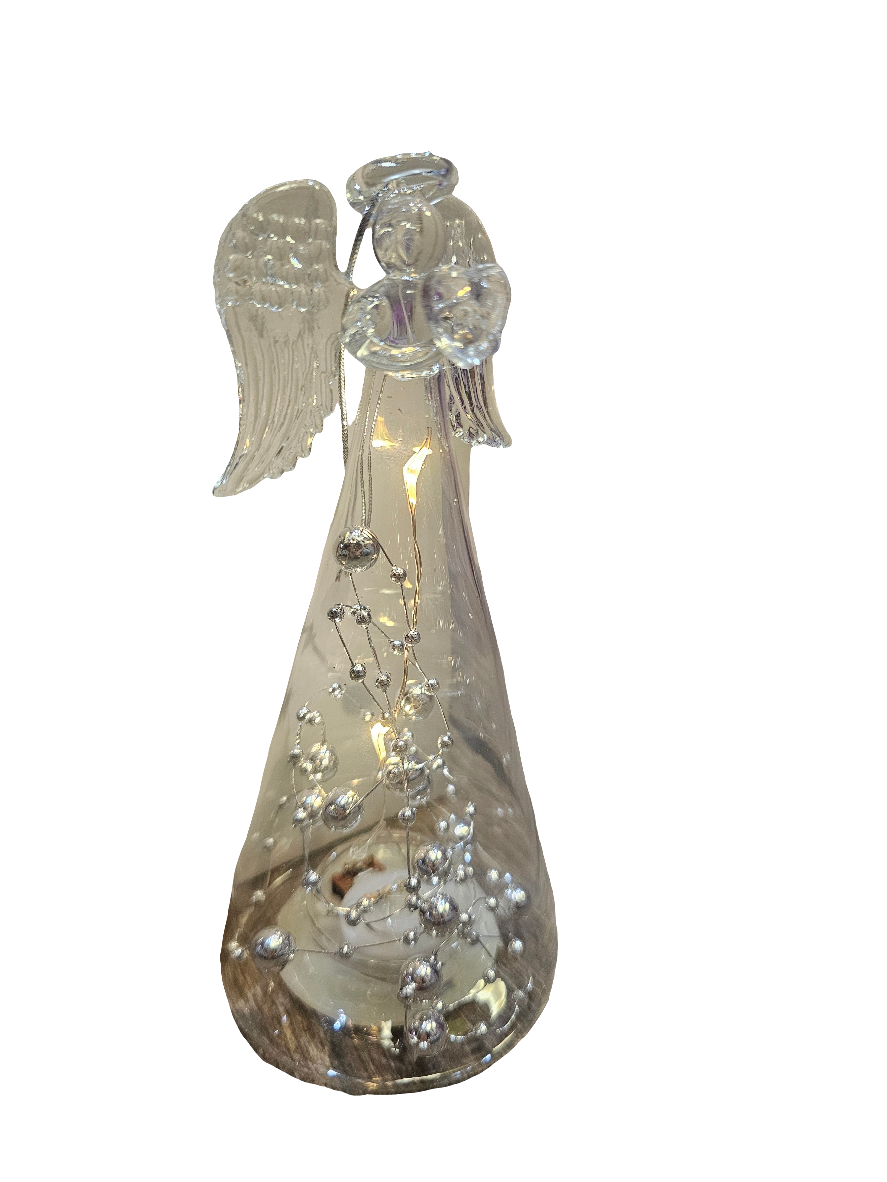 Silver Bead Light Up Glass Hanging Angel Decoration