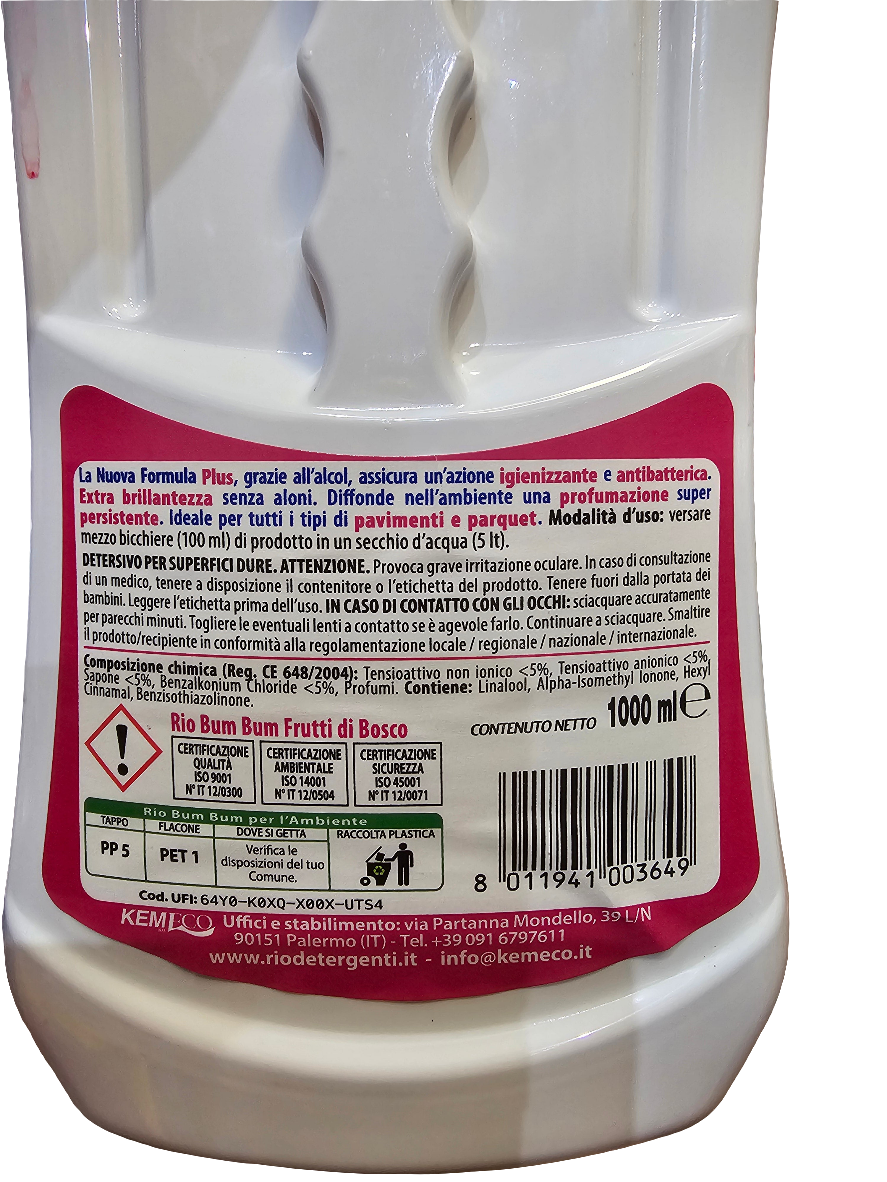 Rio Bum Bum Plus Pavimenti floor cleaner with a "Frutti di Bosco" (Forest Fruits) scent 1000ml