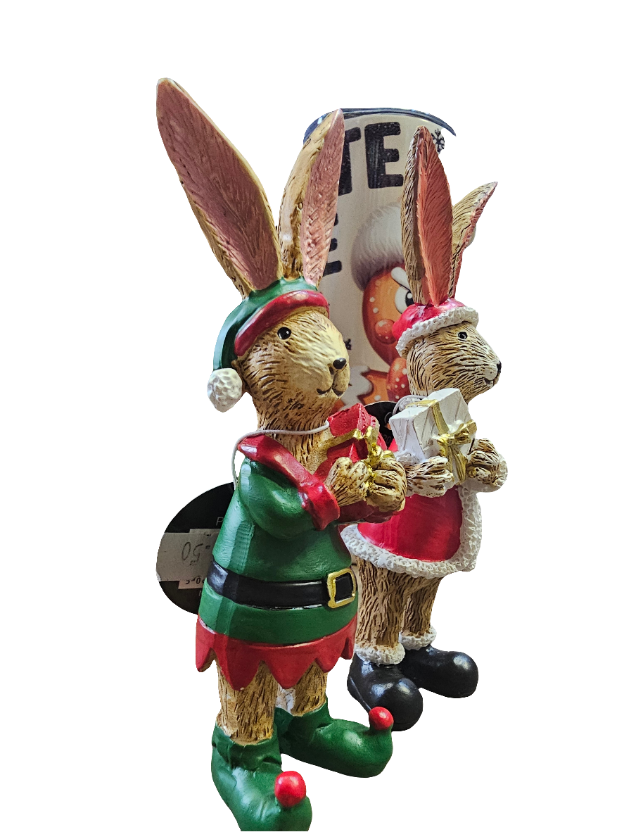 Festive Rabbit Statues holding presents 13cm