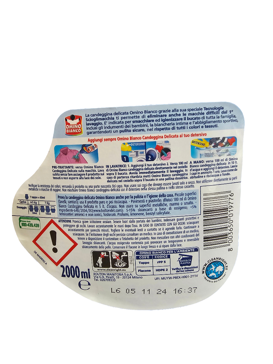 Omino Bianco Candeggina Delicata in Ocean Beeze Scent, delicate bleach designed for laundry 2L