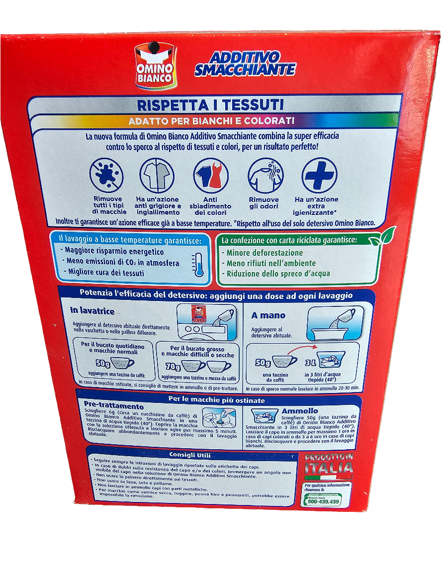 Omino Bianco Additivo Smacchiante, an Italian laundry additive 500g