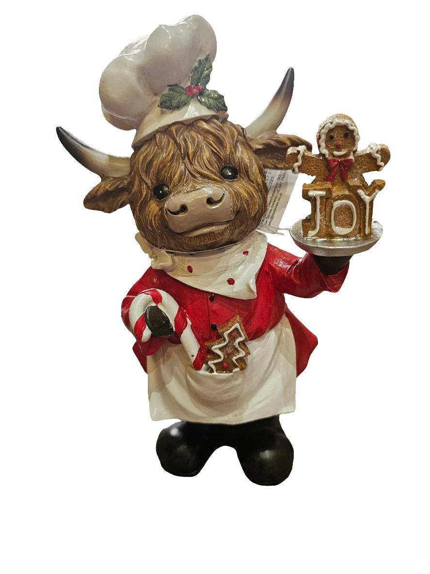 Merry Christmas Highland Cow Chef Statues