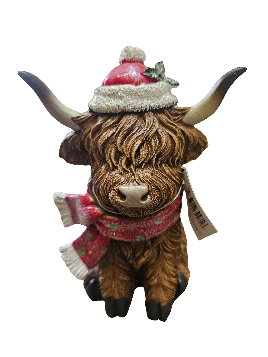 Christmas Highland Cow With Scarf Sitting