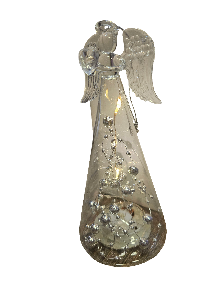 Silver Bead Light Up Glass Hanging Angel Decoration