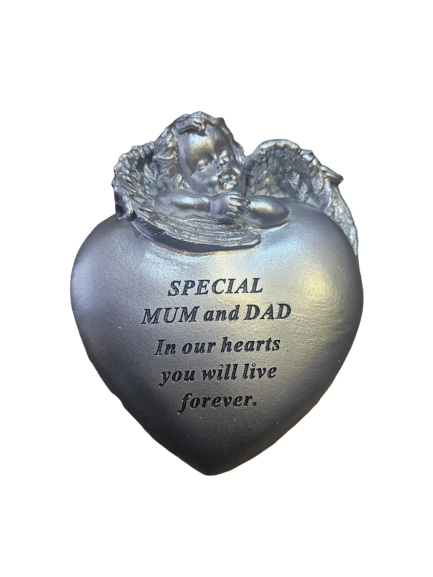 Silver Memorial Heart Stone with Winged Cherub