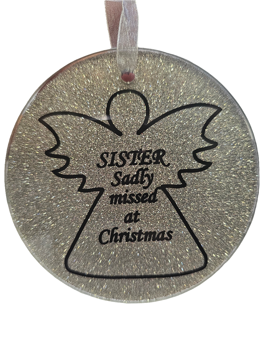 Sister Sadly Missed at Christmas Glass Glitter Hanging decoration