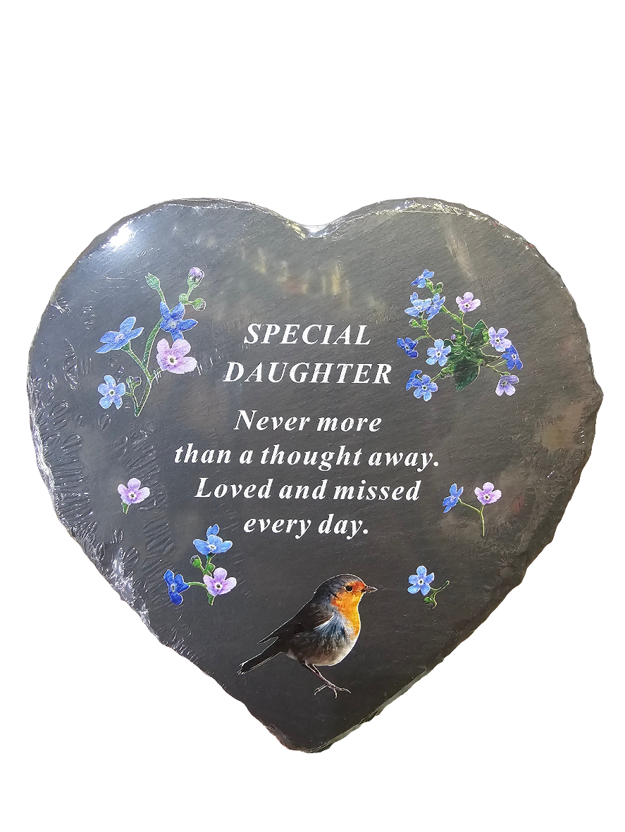 Black Slate Memorial Heart with Robin Design
