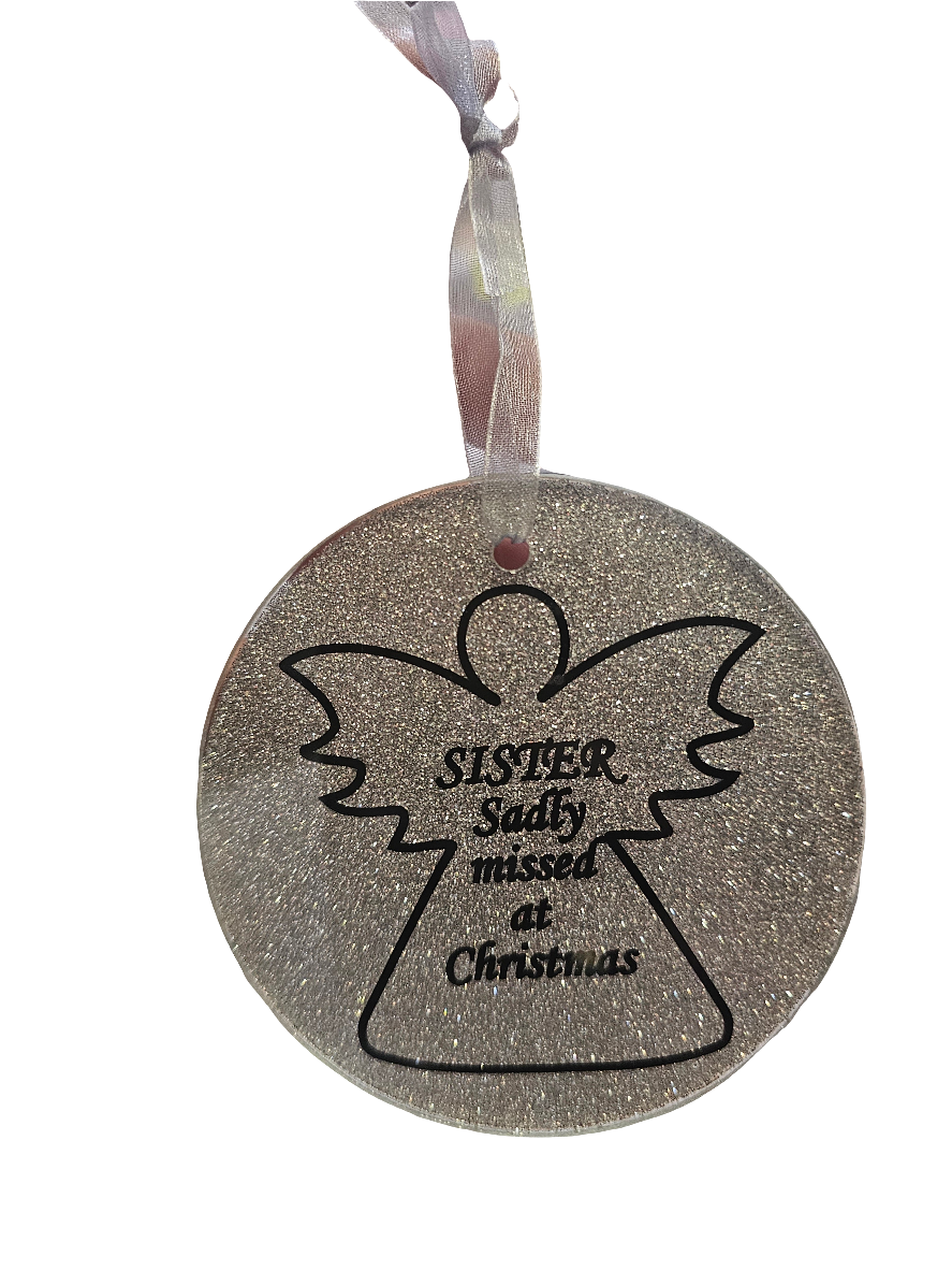 Sister Sadly Missed at Christmas Glass Glitter Hanging decoration