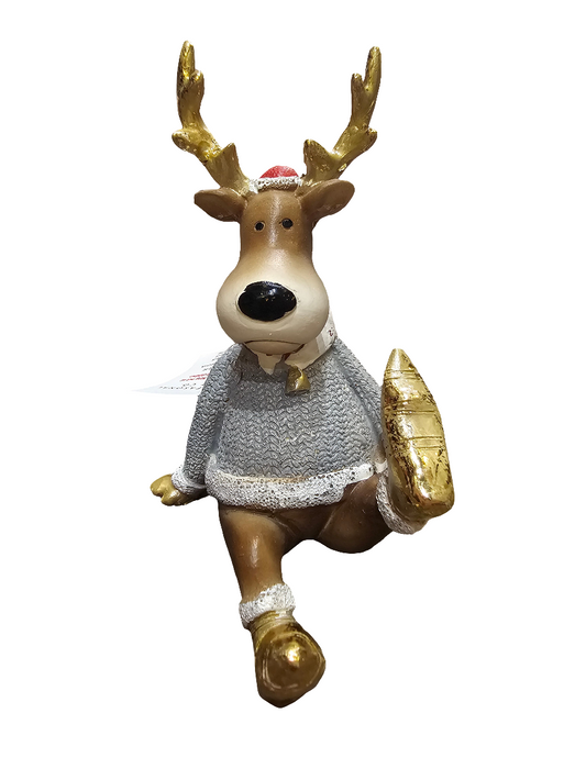 Seated Reindeer Statue in jumper and Santa hat
