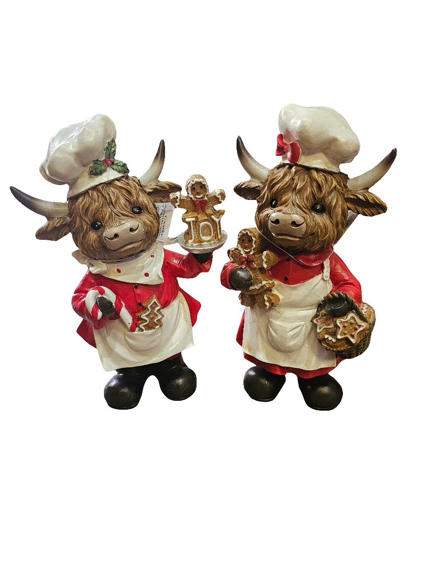 Merry Christmas Highland Cow Chef Statues