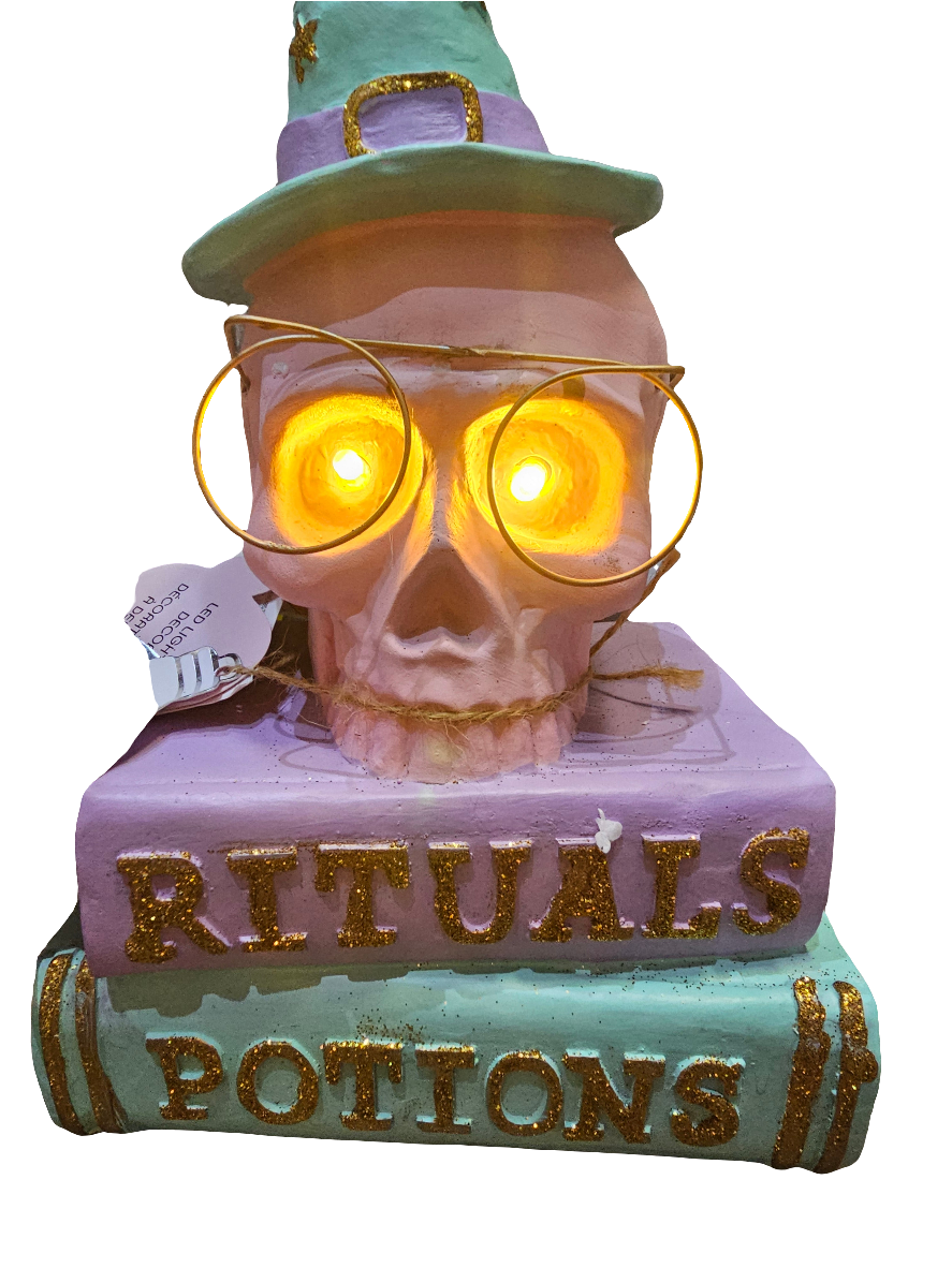 Pastel Skull on Books with Light Up Eyes