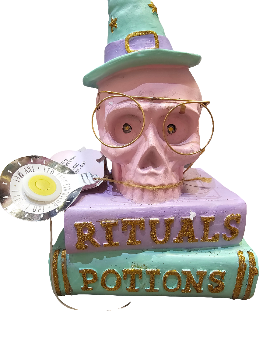 Pastel Skull on Books with Light Up Eyes