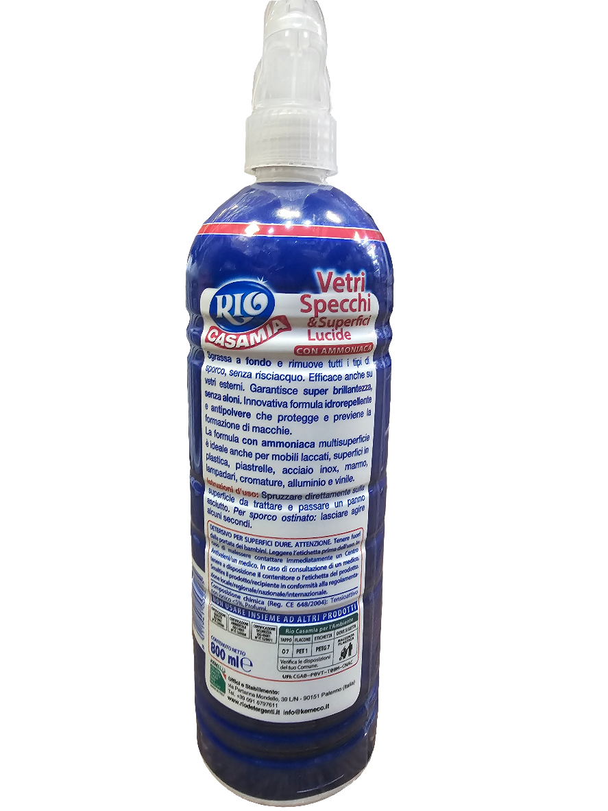 Rio Casamia Vetri Specchi & Superfici Lucide con Ammoniaca, Glass and shiny surface cleaner with ammonia 800ml