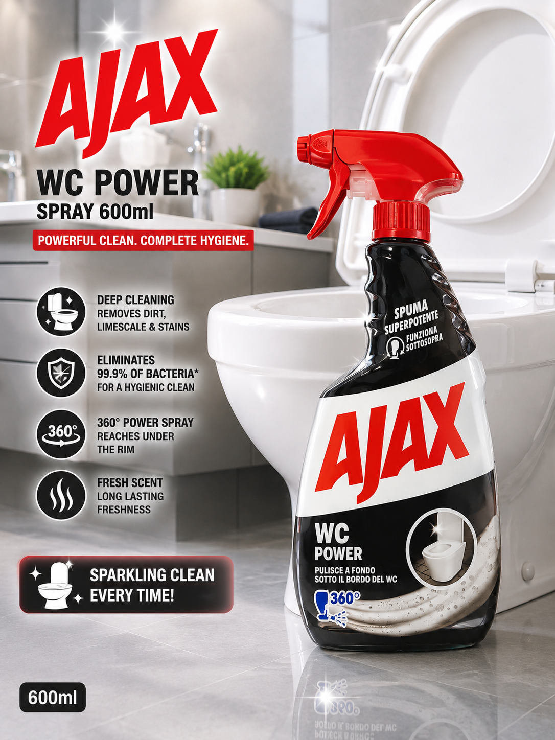 Ajax WC Power Spray, a cleaning product designed for toilet bowls 600ml