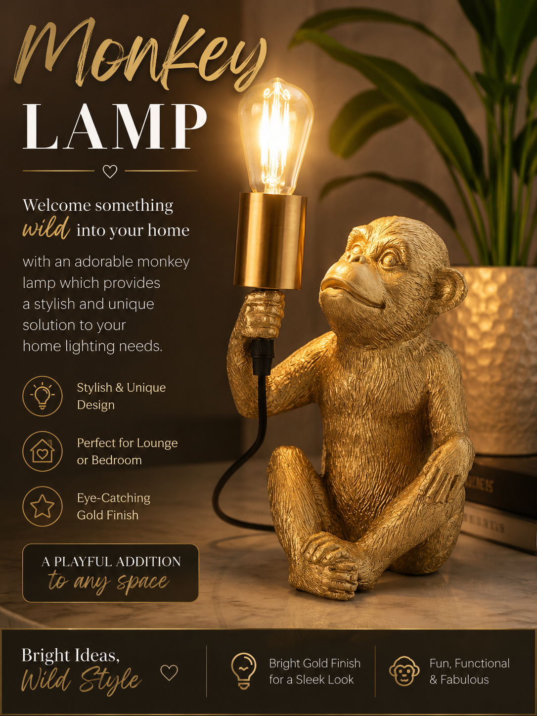 Gold Coloured Electric Monkey Lamp