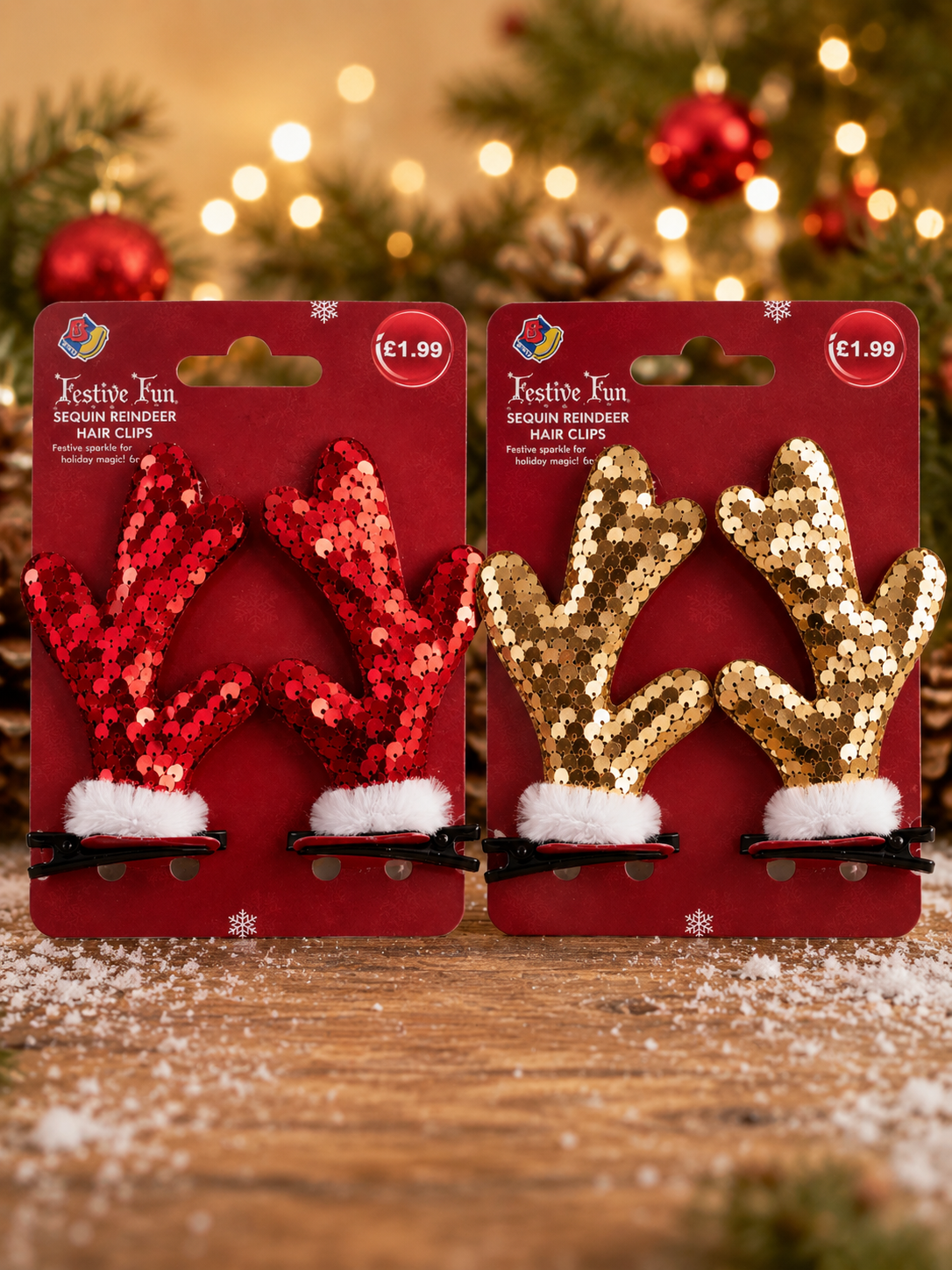 Festive sequin reindeer antler hair clips with white faux-fur trim.