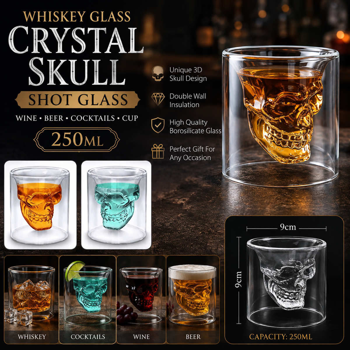 Whiskey Glass Crystal Skull Shot Glass Wine Beer Cocktails Cup, 250ml