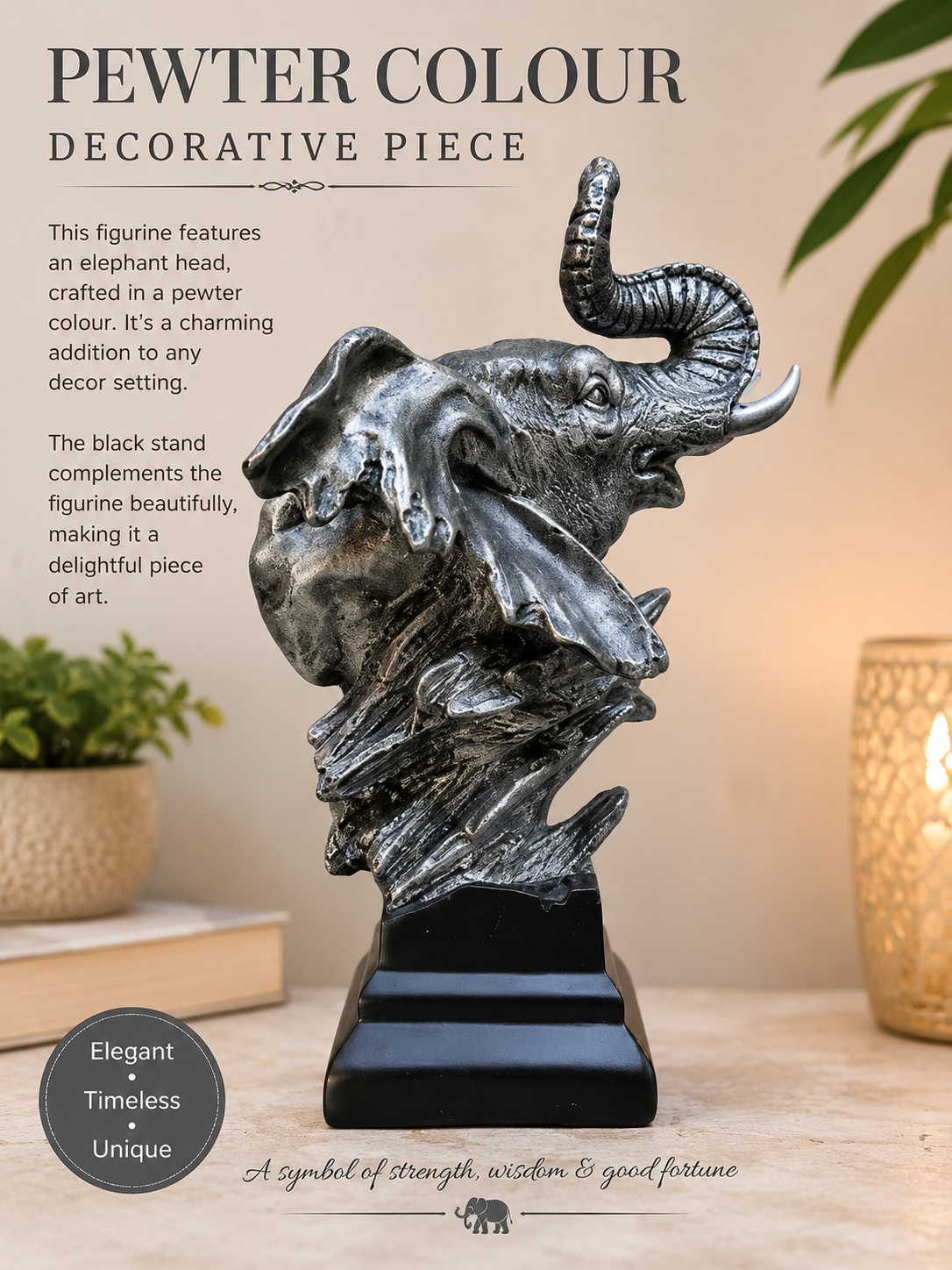 Elephant Head Figurine on Black Stand Pewter Colour Decorative Piece Ornaments