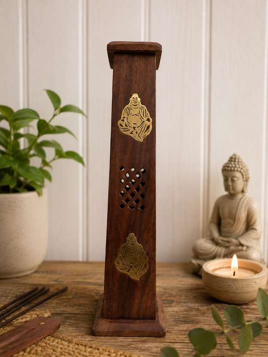 Wooden Tower Ash Catcher w/ Brass Inlany Buddha