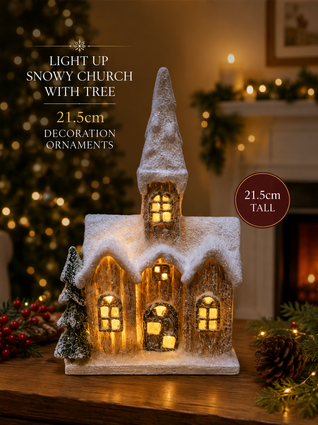 Light Up Snowy church with Tree 21.5cm Decoration Ornaments