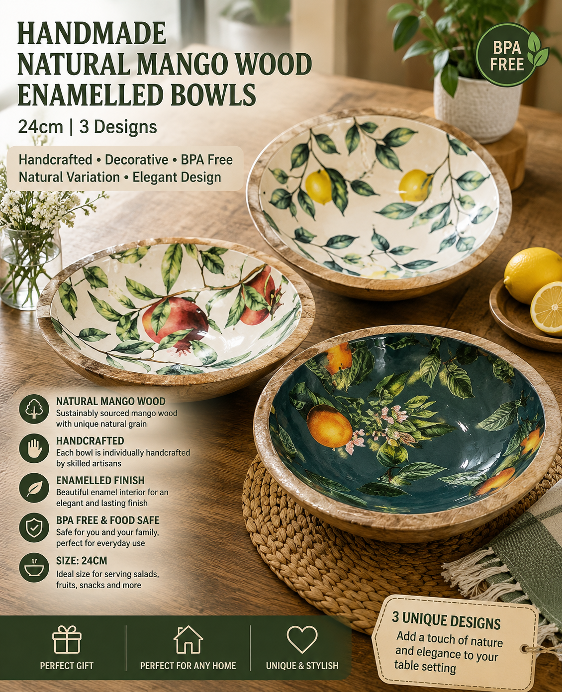 handmade natural Mango Wood Enamelled Bowls 24cm 3 Designs Tableware Handcrafted Decorative BPA Free Natural Variation Elegant Design - Wooden