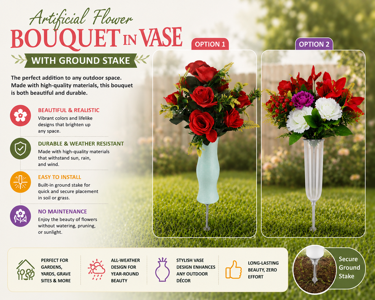 Artificial flower bouquet in vase with ground stake