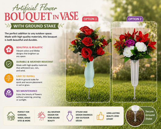 Artificial flower bouquet in vase with ground stake