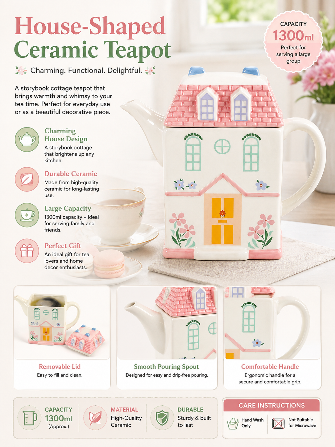 Pastel House Shaped Teapot for Kitchen and Dining Ceramic