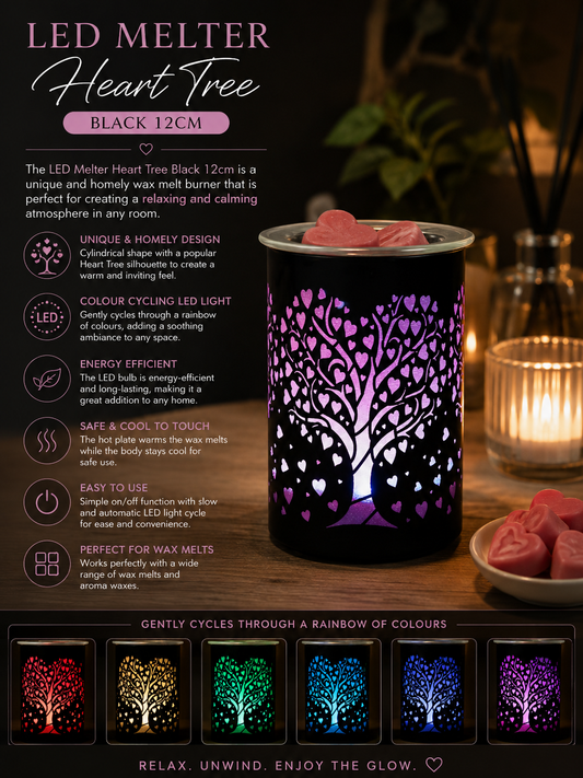 Black LED Wax Melter Heart Tree - 12cm, Colour Changing - Decor, Candle