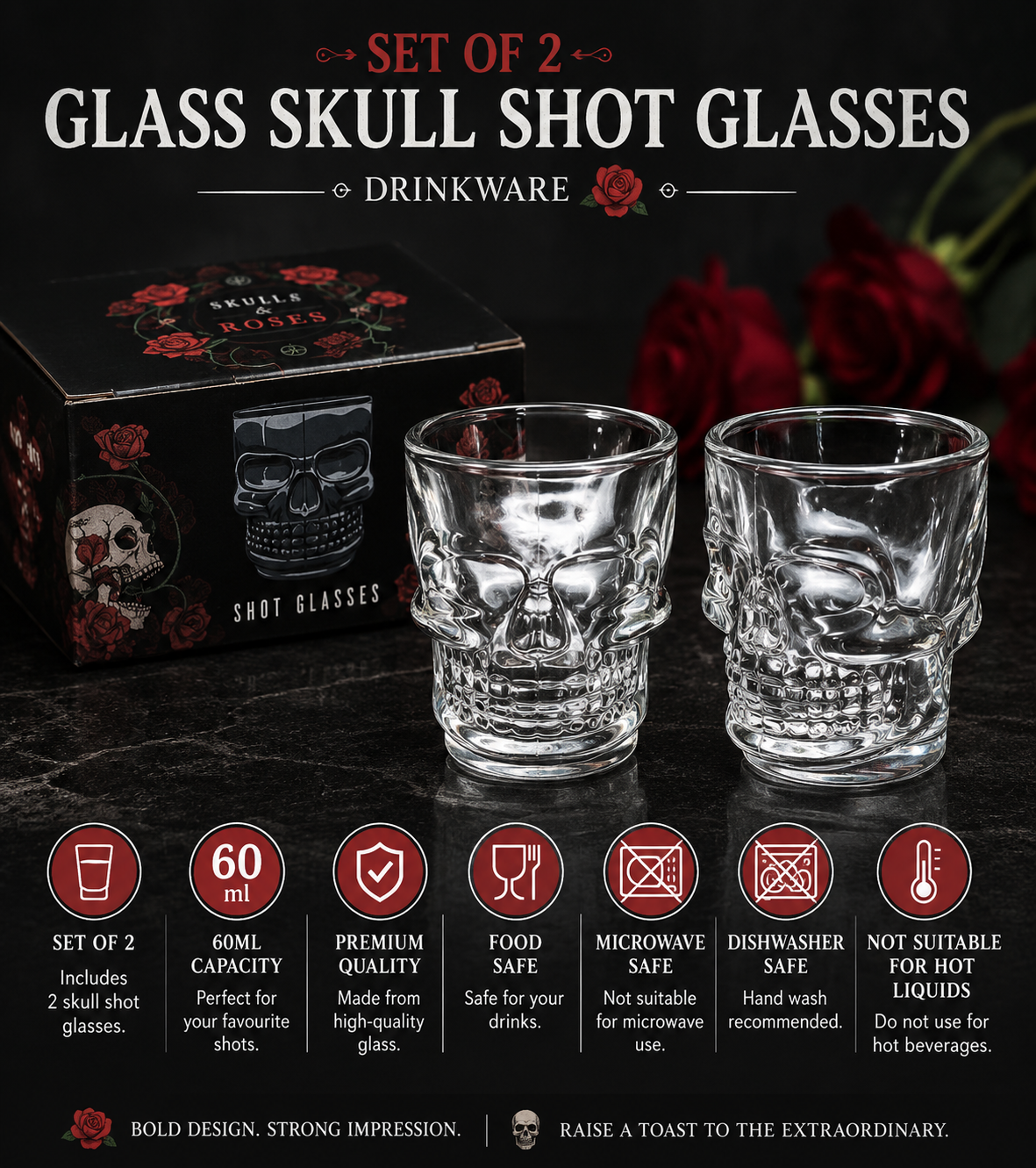 Set of 2 Glass Skull Shot Glasses (60ml) - Drinkware