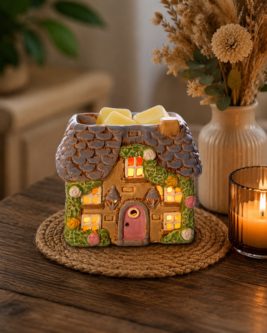 COTTAGE GARDEN STONEWARE HOUSE with ROSES AND DOOR LANTERNS ALL nip DETAILS WAX MELT BURNER