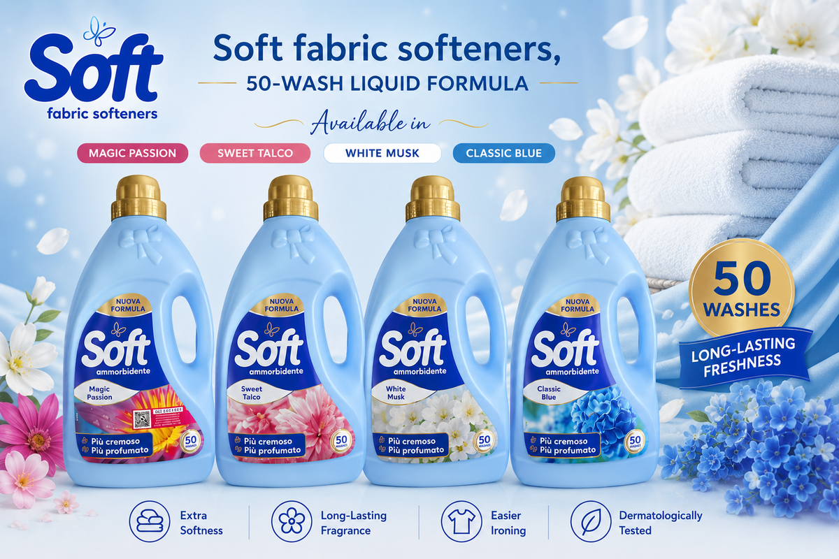 Soft fabric softeners, 50-wash liquid formula available in Magic Passion, Sweet Talco,white musk  and Classic Blue.