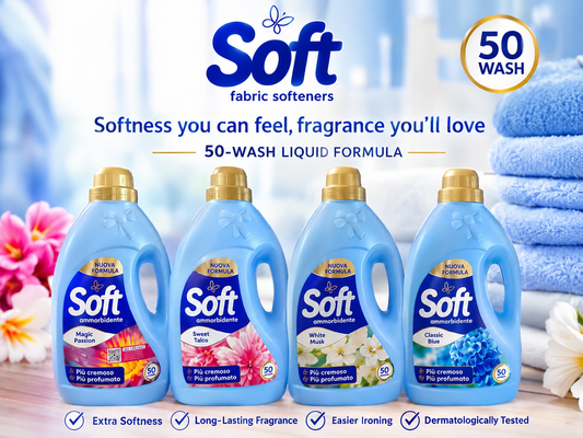 Soft fabric softeners, 50-wash liquid formula available in Magic Passion, Sweet Talco,white musk  and Classic Blue.