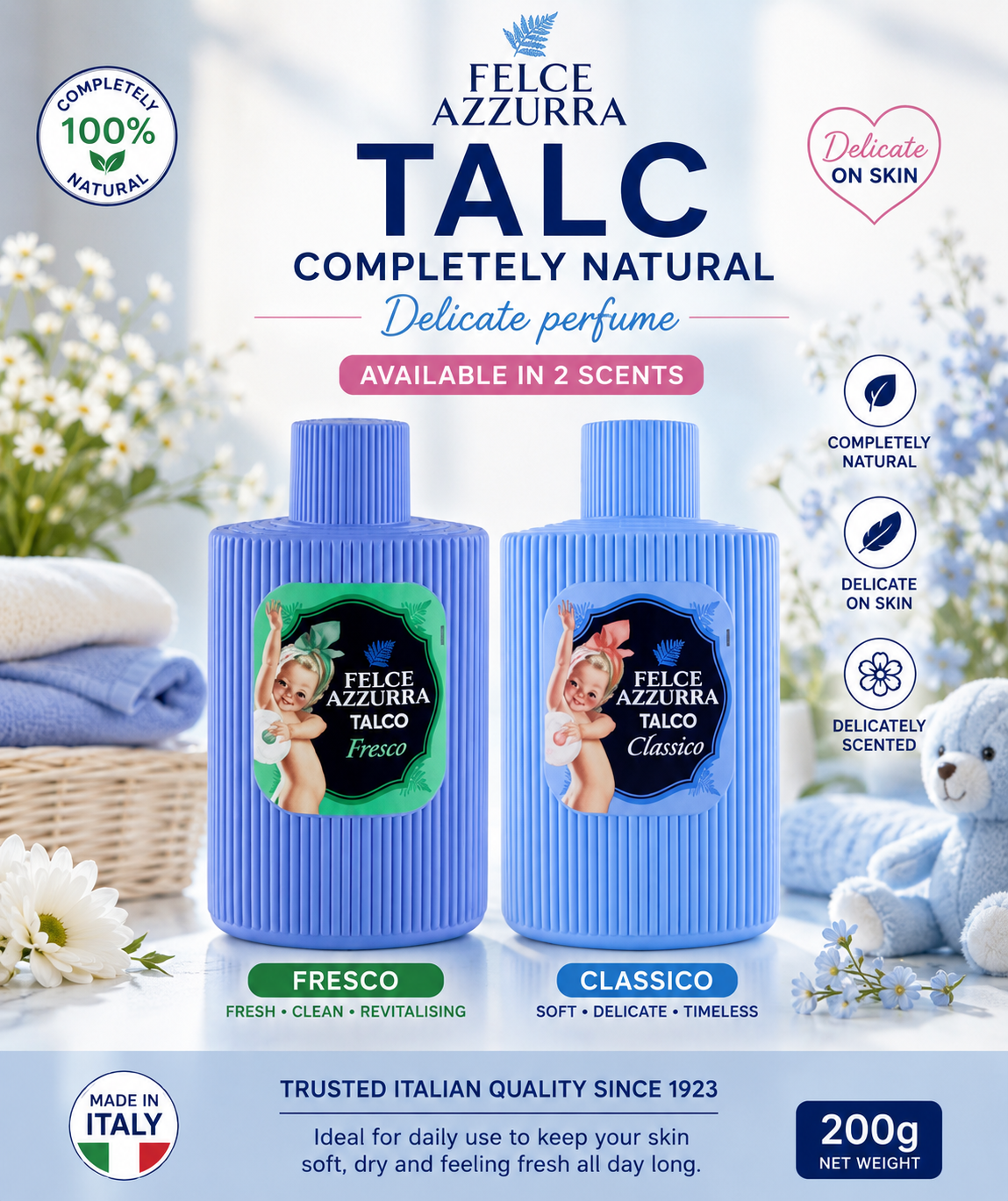 Felce azzurra talc completely natural delicate perfume available in 2 scents 200g