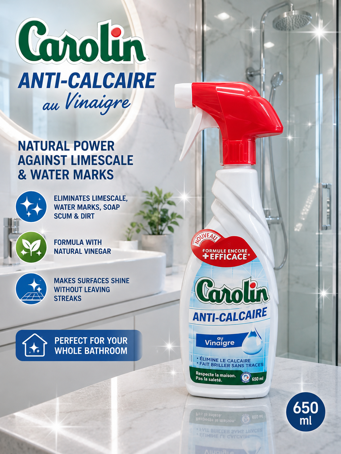 Carolin Anti-Calcaire Vinaigre, 650 ml spray cleaner