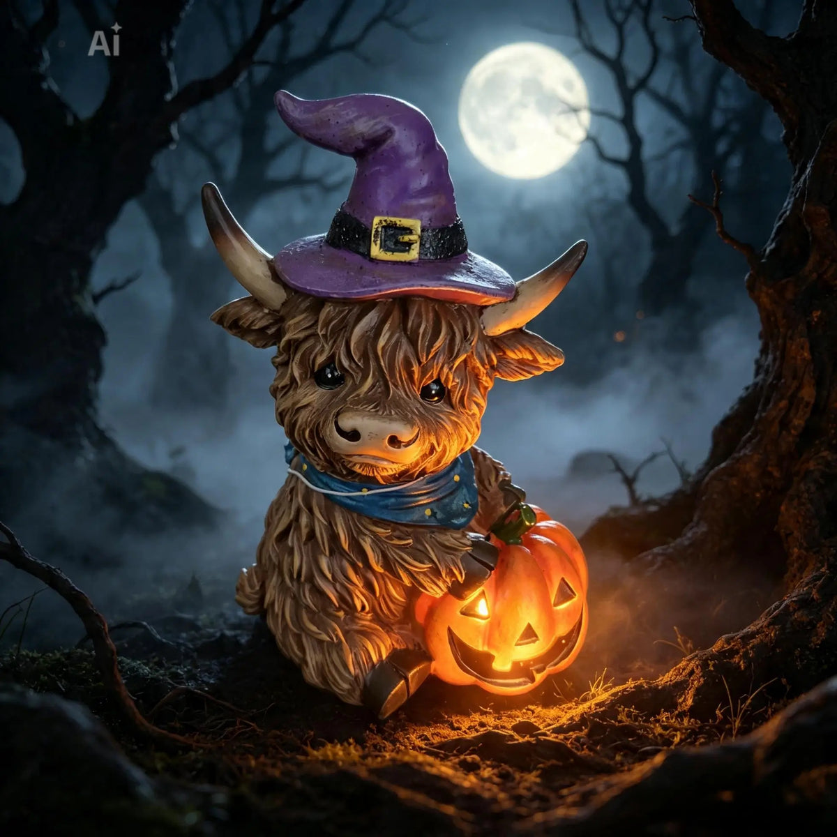 Witchy Halloween Highland Cow With Pumpkin and purple hat