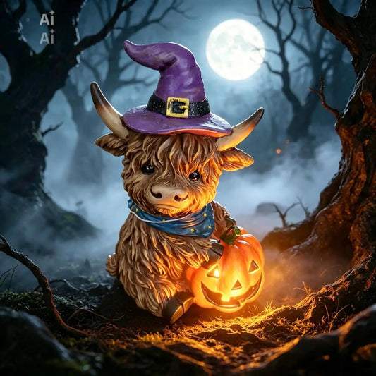 Witchy Halloween Highland Cow With Pumpkin and purple hat