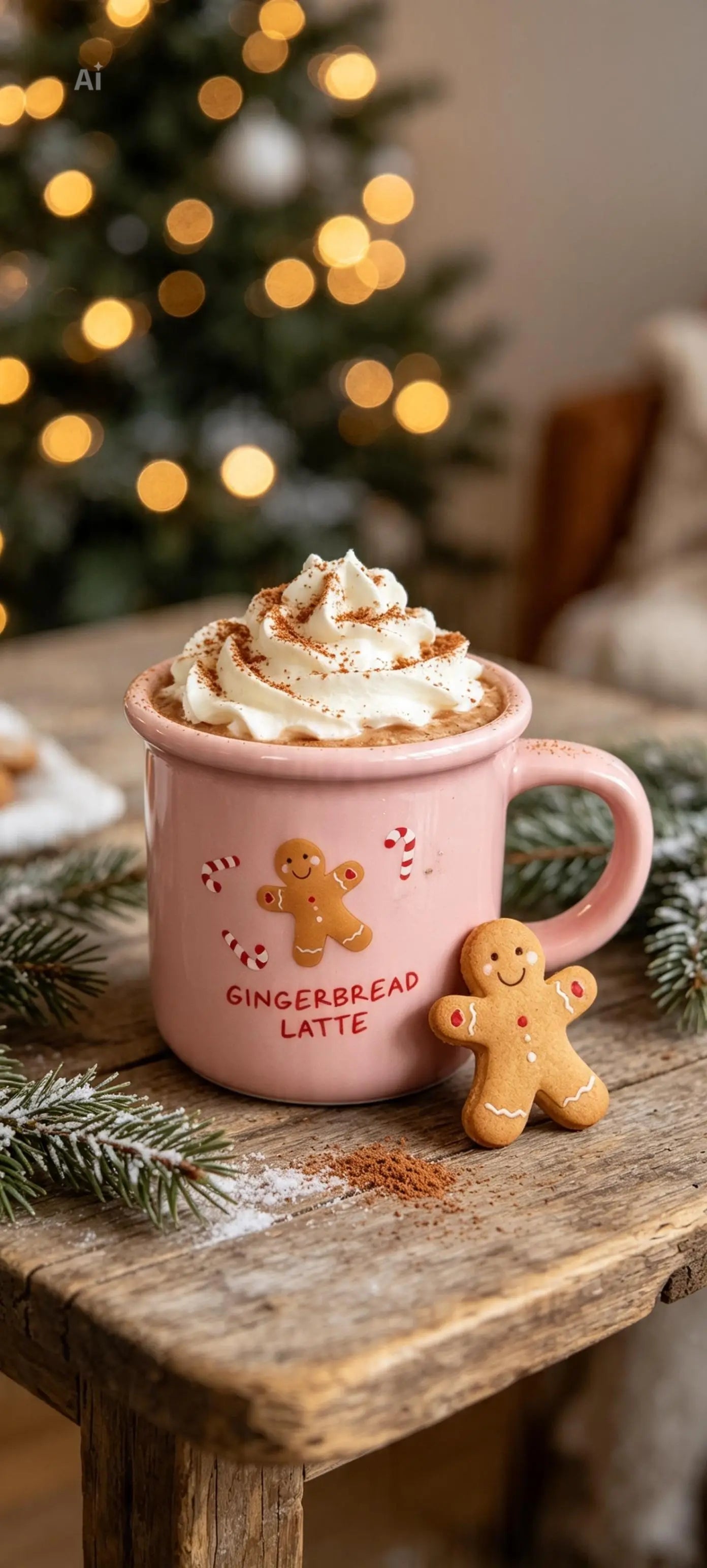 Pink Gingerbread Latte Ceramic Mug 480ml - Handwash Only - Reusable Washable Tumbler for Coffee - Christmas Design with Candy Cane Details