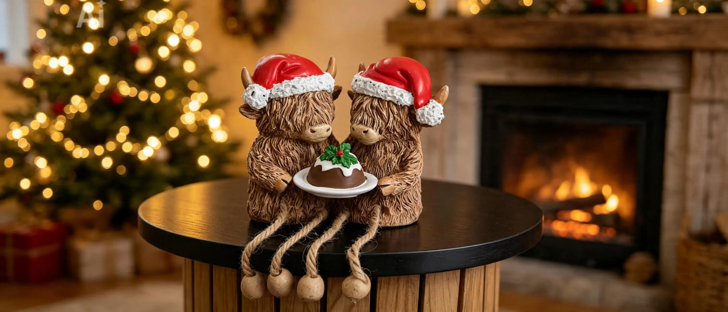 Christmas Highland Cow Double with pudding and dangling legs