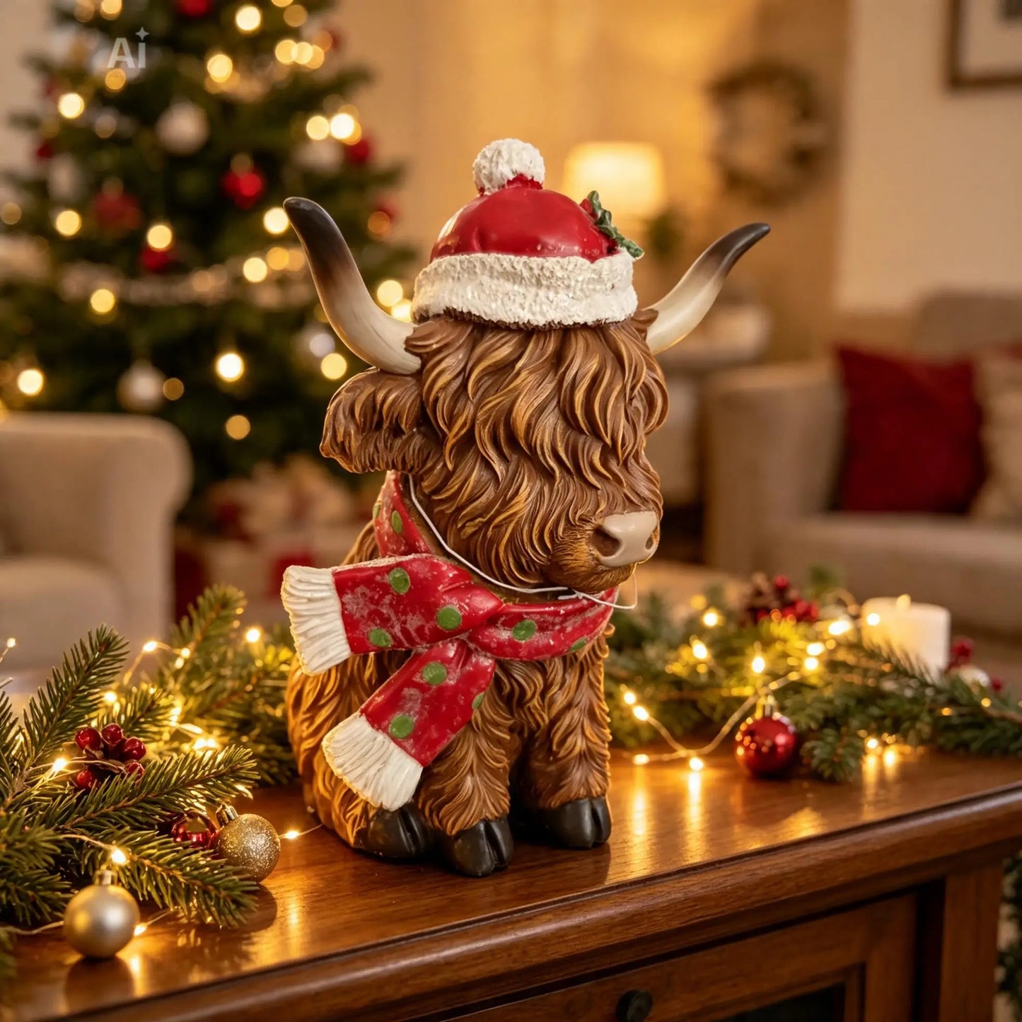 Christmas Highland Cow With Scarf Sitting