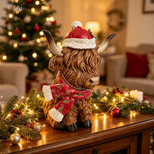 Christmas Highland Cow With Scarf Sitting