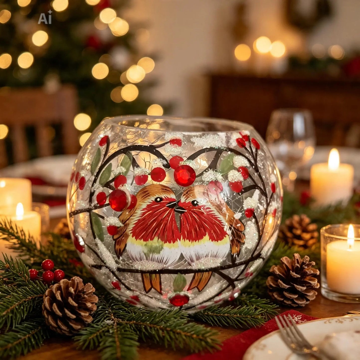 Christmas Crackle Ball Tealight Holder Robins